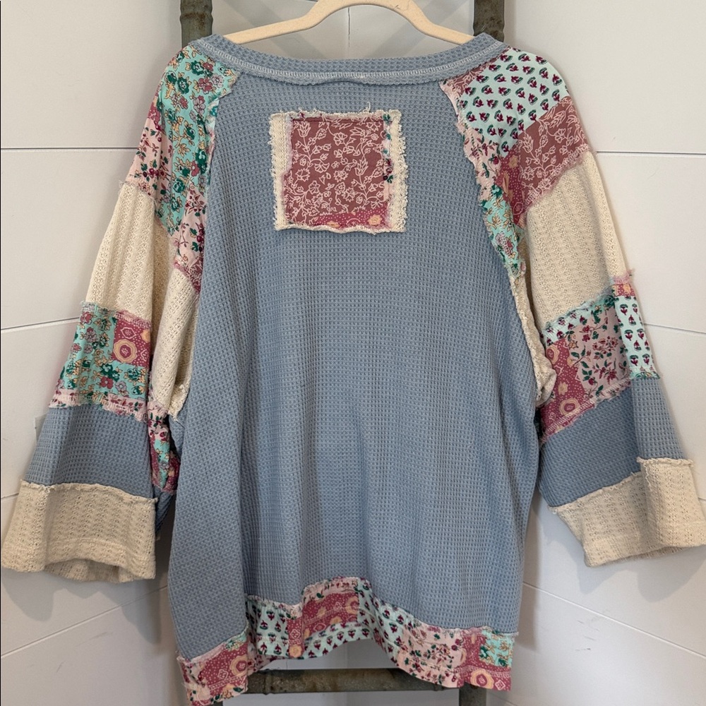 NEW 48 hr preview price : POL Patchwork Peace Sign Top - Blue and Pink - Picture 5 of 6